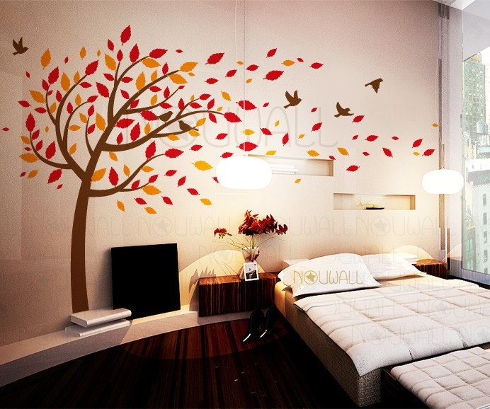 Vinyl Wall Sticker Wall Decal -Windy Leafy Tree decal with Birds 102