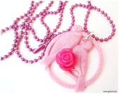 Pink Love Birds Pendant with Fuschia Rose on Magenta Chain - gatumi