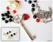 Heart Key Necklace Set with Pearl Earrings, Long Beaded White Red and Black Chain in Silver - Gothic Lolita