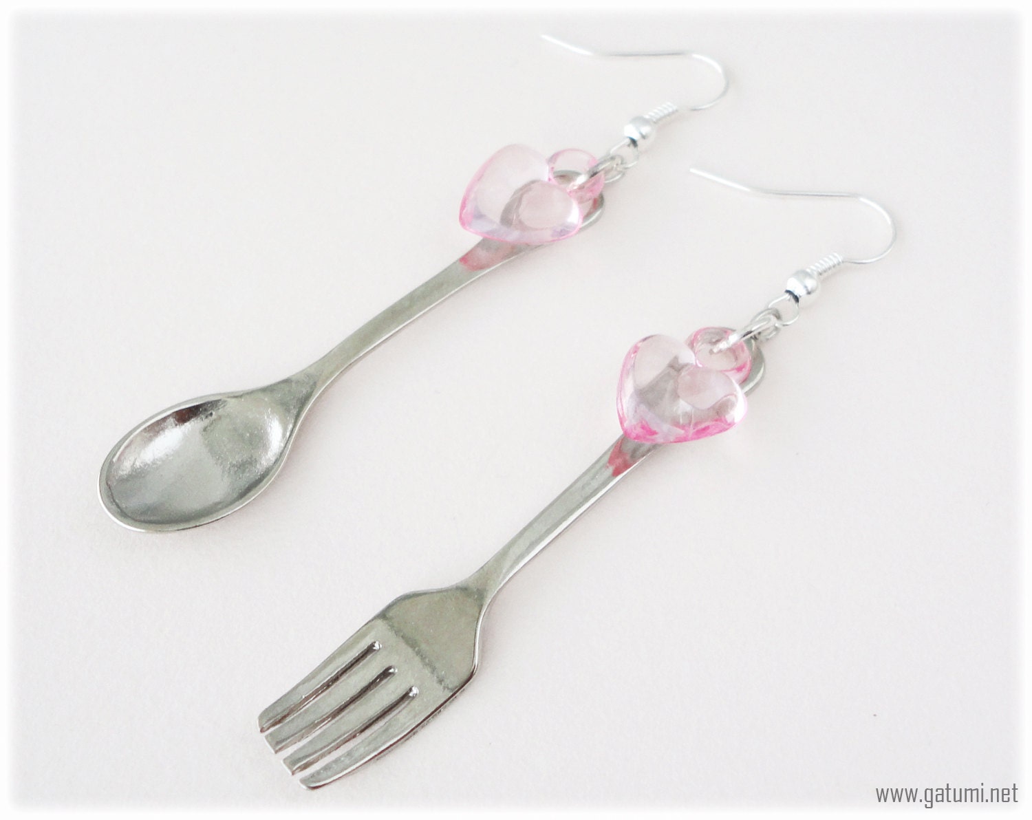 Kawaii Fork and Spoon Charm Earrings with Hearts in Silver