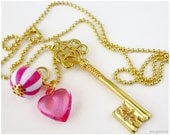 Ornate Gold Key Pendant with Fuschia Heart and Candy Charm - Sweet Lolita, Gyaru