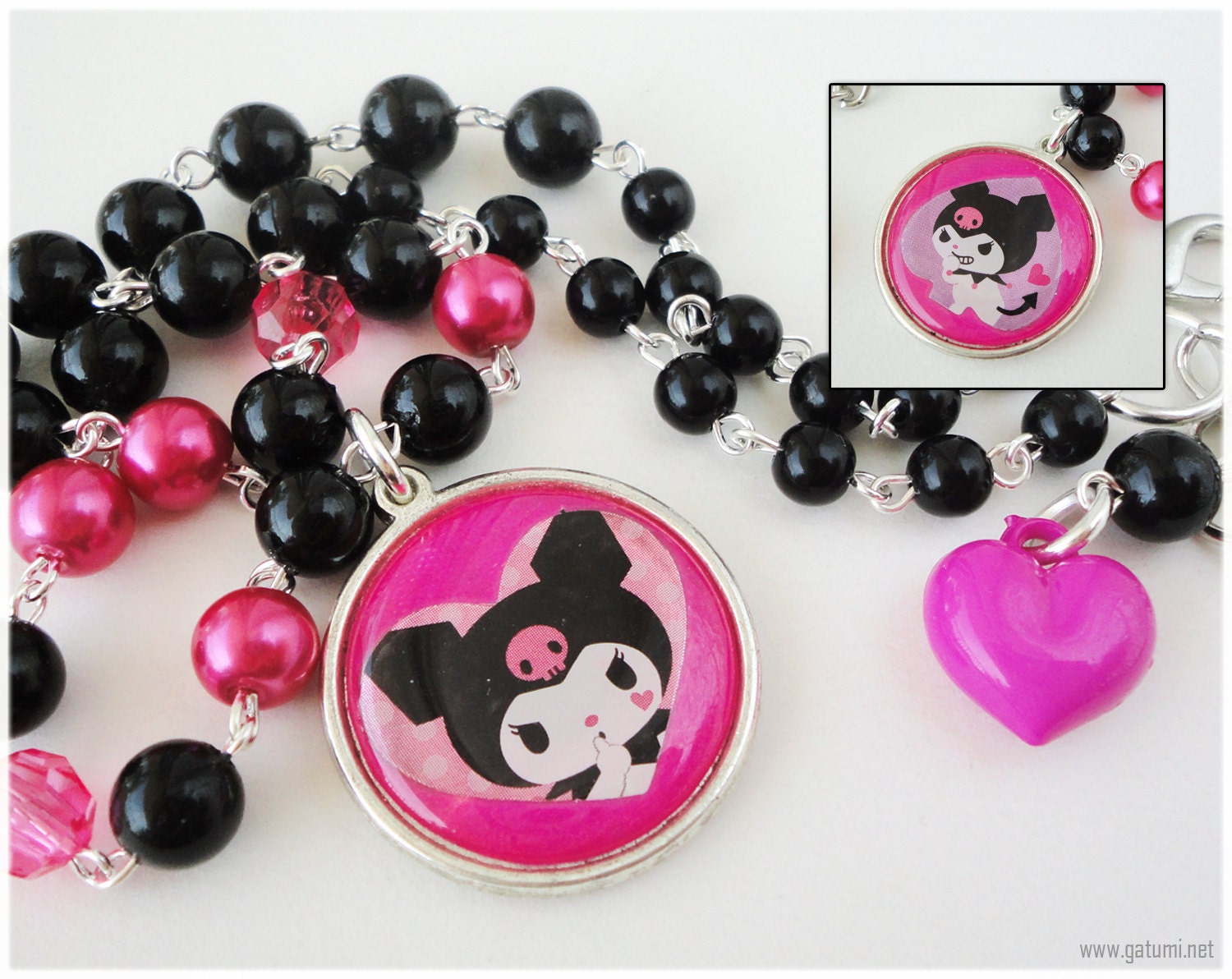 Kuromi Necklace, Reversible Pendant on Beaded Black and Fuschia Chain in Silver - Kawaii Jewelry