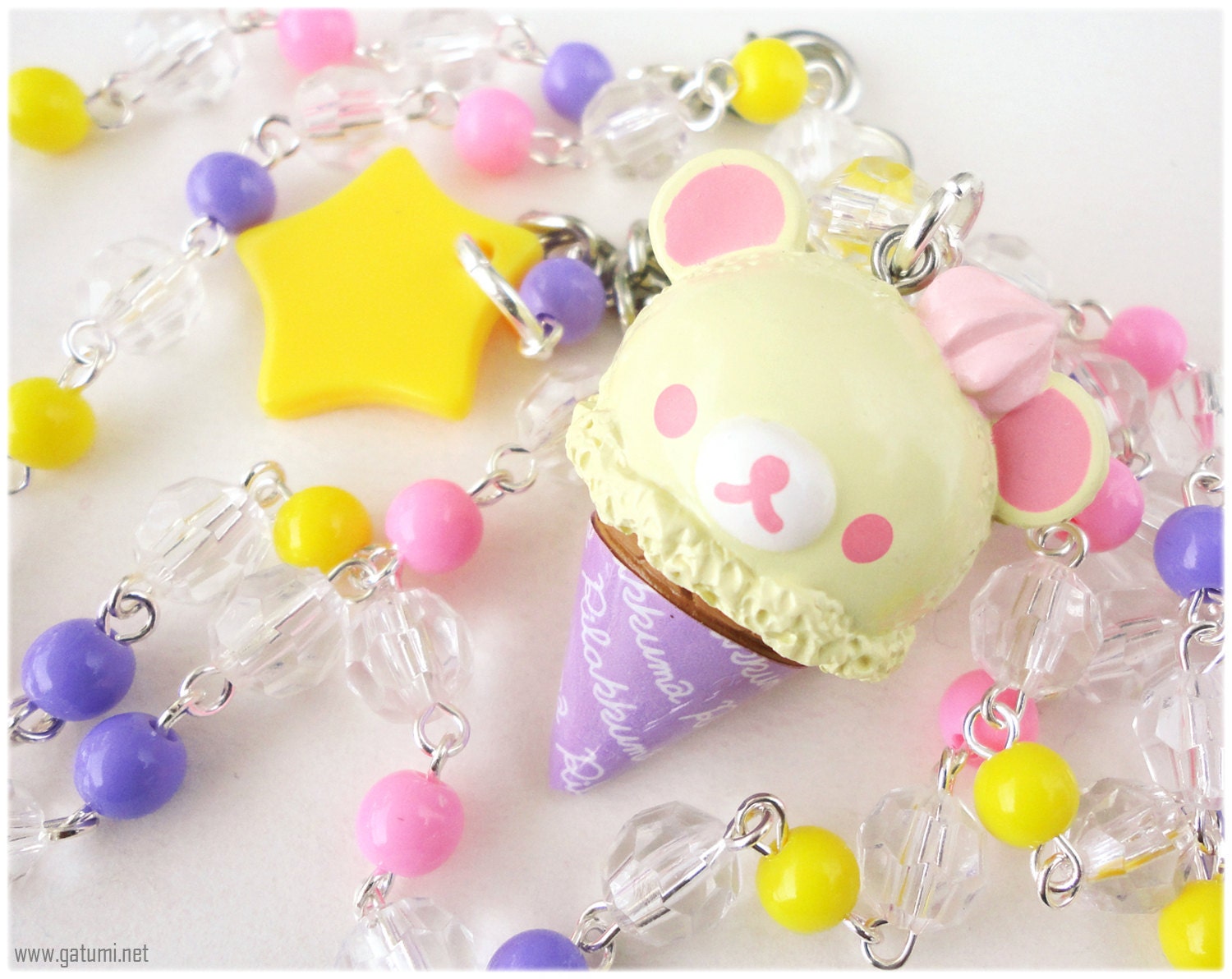 Kawaii Korilakkuma Necklace, Long Beaded Pink Yellow and Lavender Rosary Chain in Silver with Character Pendant in Silver