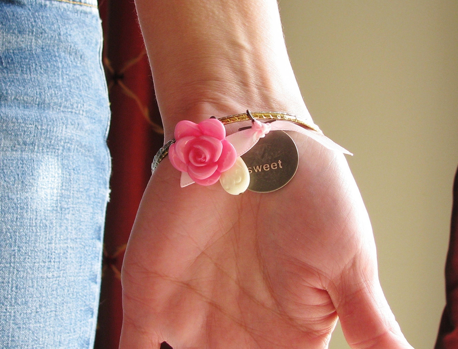 Charm Bangle Bracelets Flower Bangles Upcycled Vintage Bracelets Pink Flower Button Charm Drop Bead Botanical Jewelry Bracelets