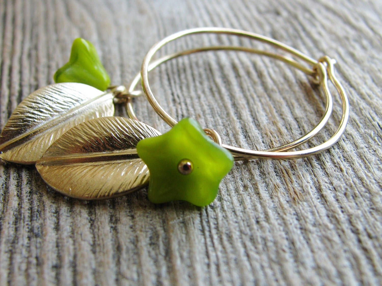 Gold Leaf Flower Earrings Green Czech Glass Flowers Gold Leaf Wire Sleeper Hoops Minimalist Modern Fresh Botanical Jewelry
