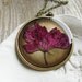 Pressed Flower Pendant Necklace Hot Pink Geranium Plant Botanical Jewelry Resin Antique Brass Chain