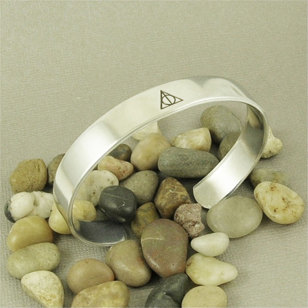 Deathly Hallows Harry Potter inspired Hand Stamped Aluminum Cuff Bracelet