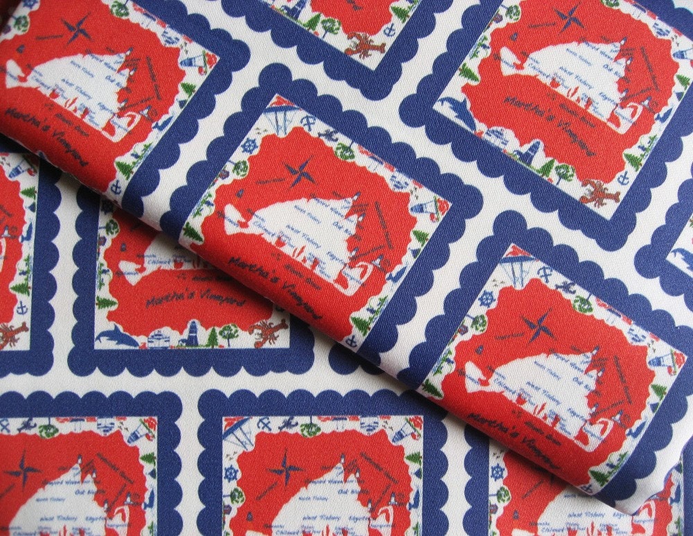 Martha's Vineyard Souvenir style organic cotton fabric Red Navy White One yard small print