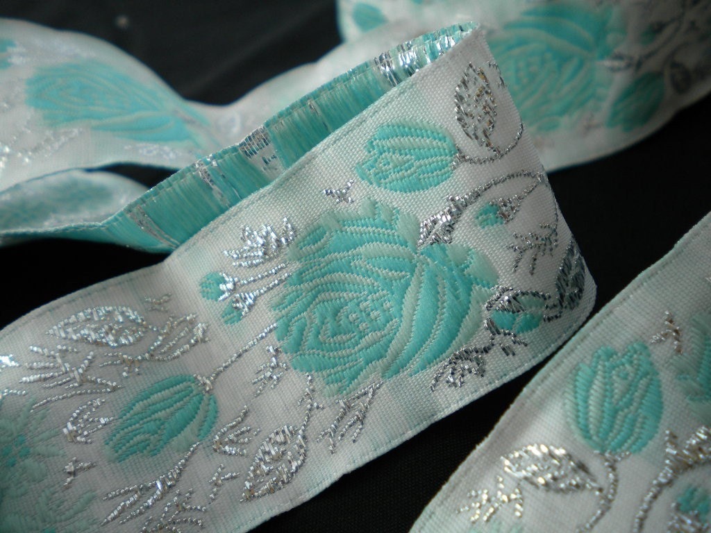 TURQUOISE ROSE SILVER JACQUARD RIBBON TRIM 1 YARD