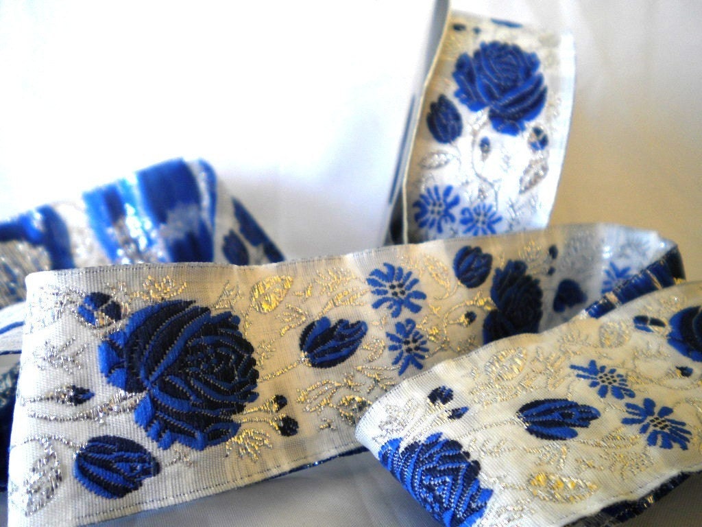 Navy Blue Rose  Silver Jacquard  Ribbon Trim 1 YARD