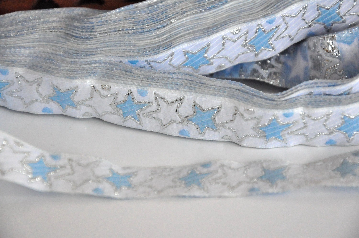 Silver and Blue Star   Jacquard Ribbon Trim