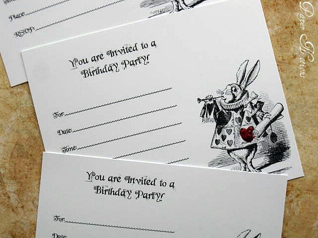 Alice in Wonderland Birthday Invitations--Fill In--White Rabbit--Set of 10