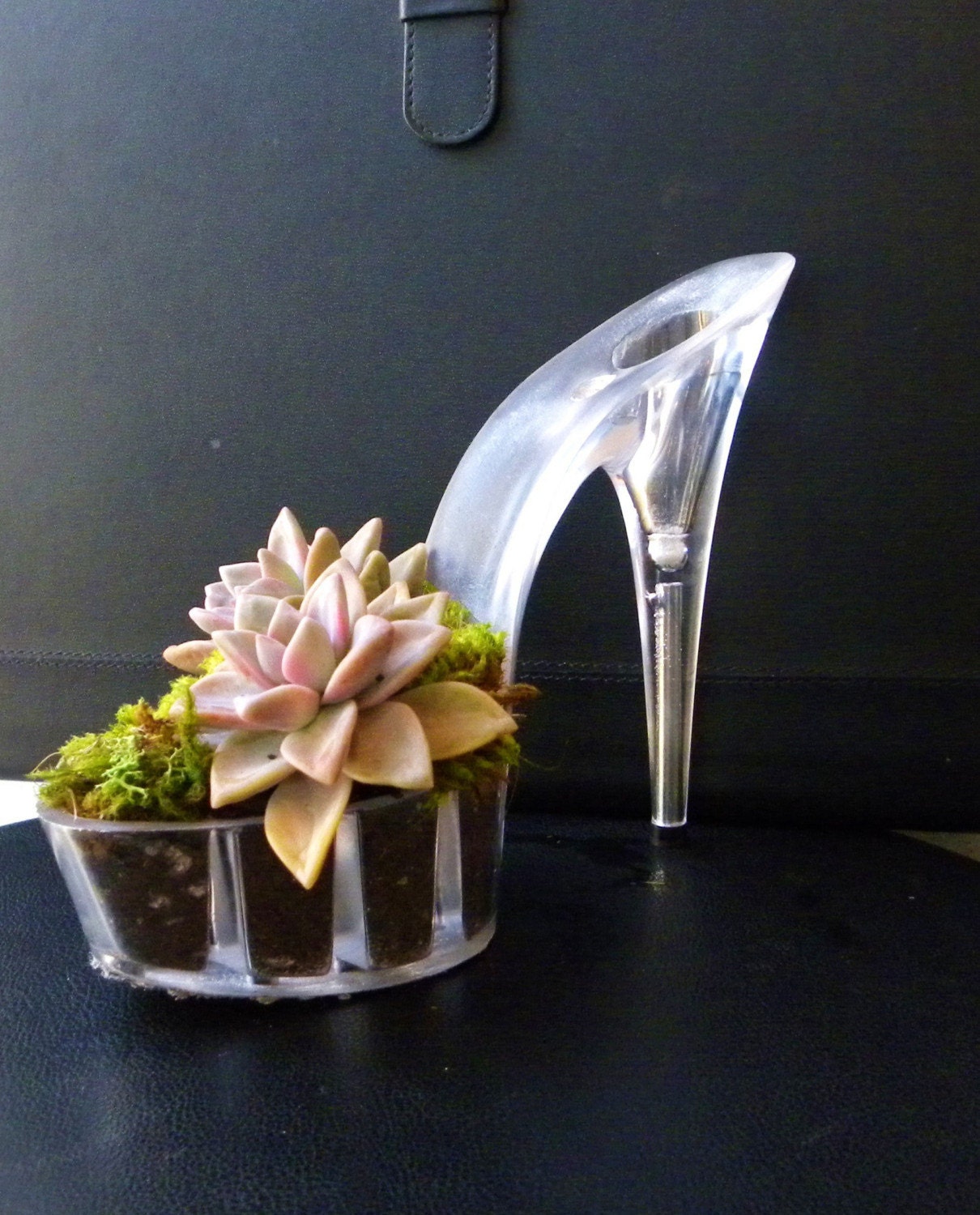 reclaimed clear stiletto succulent planter/ glass slipper