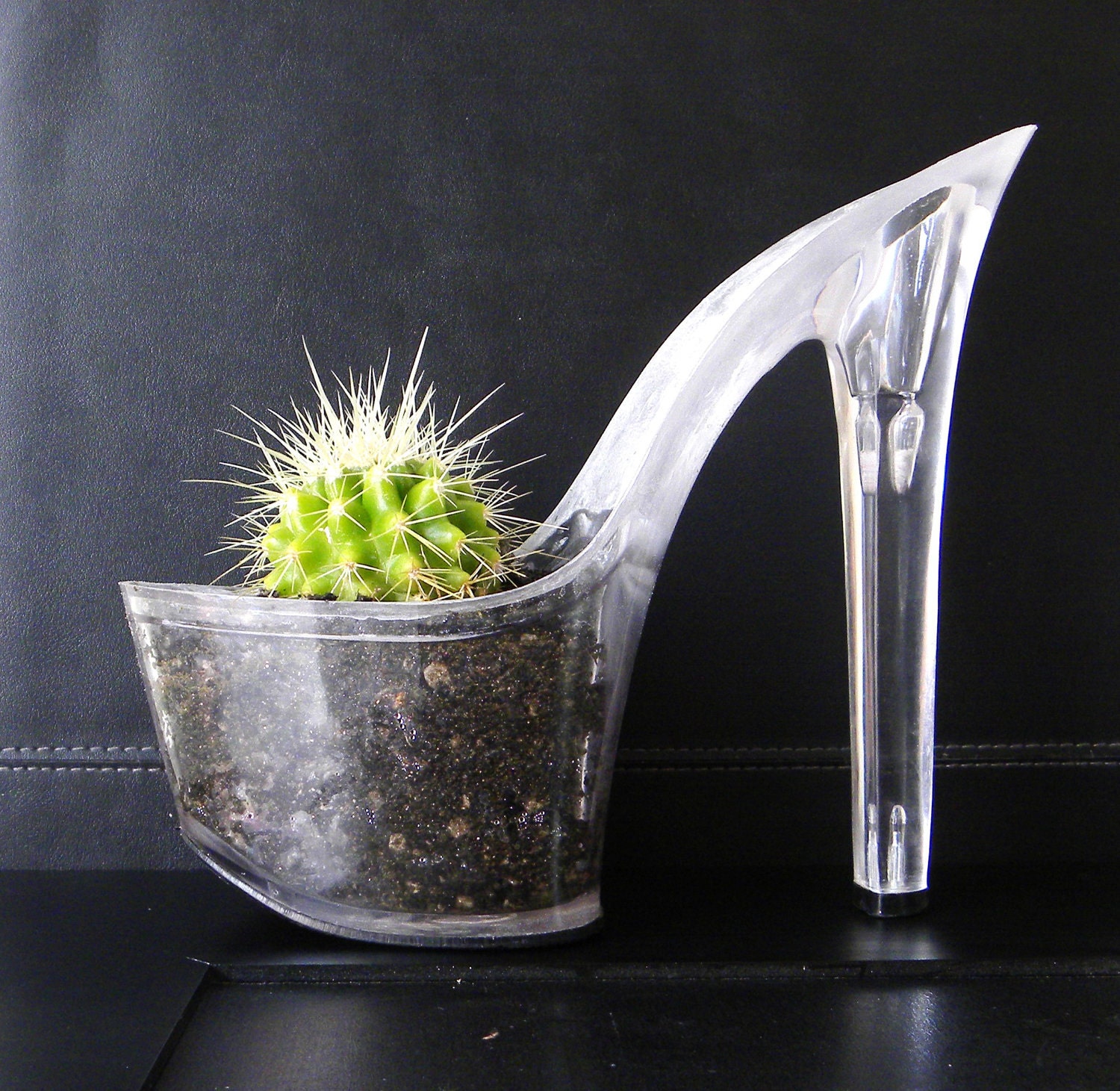 Trick. stiletto cactus planter reclaimed lucite platform heel. feminist art. centerpiece. eco friendly indoor garden