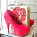 bookends repurposed cherry red high heel platform pumps. sexy bibliophile. book lover gift.