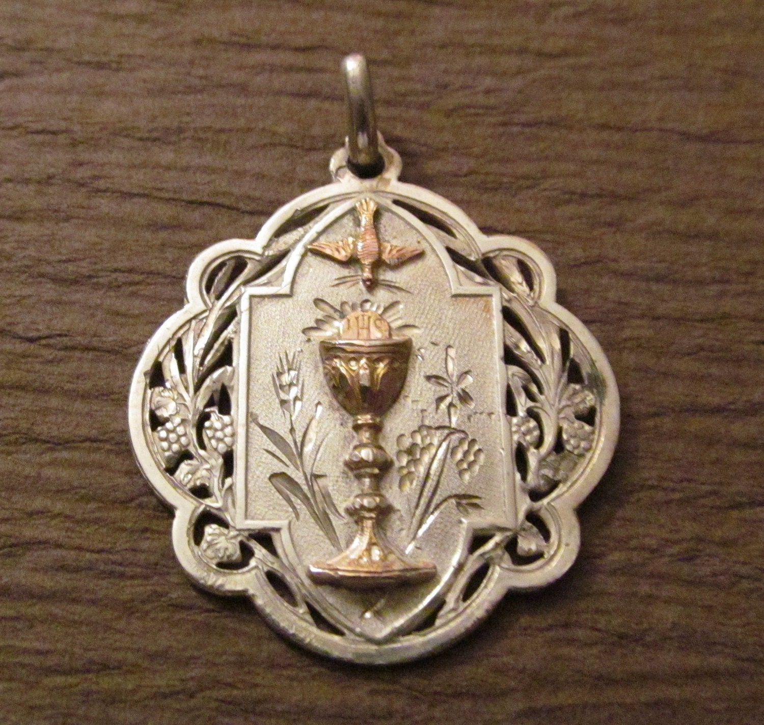 Antique Communion Religious Medal French Sterling Silver and Gold SS 461