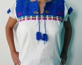 Mexican Top Blouse Blue Color 100 % Cotton Comfortable Embroidered cotton M