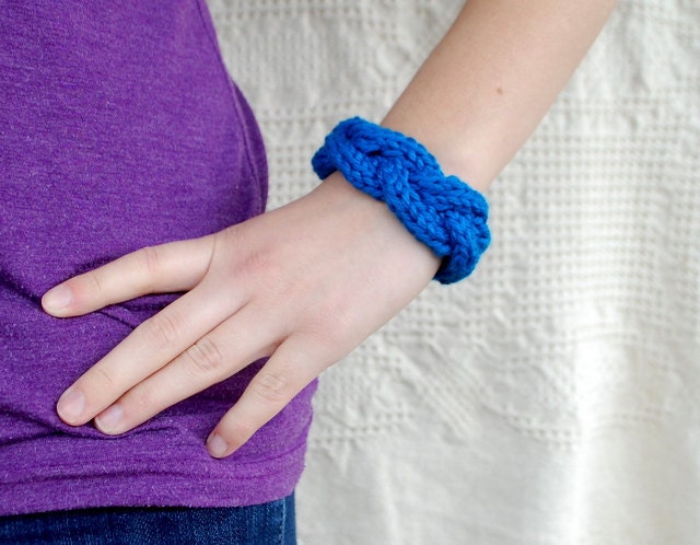 Blue Knit Cabled Bracelet- Cotton Women's Wristlet Wristcuff Sapphire