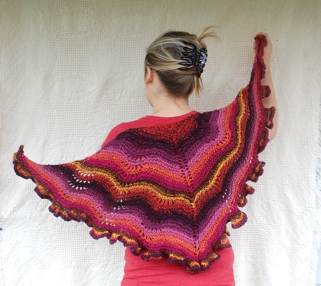 SALE Fiery Ruffle Shawlette - Red, Brown, Orange, Pink Striped Shawl