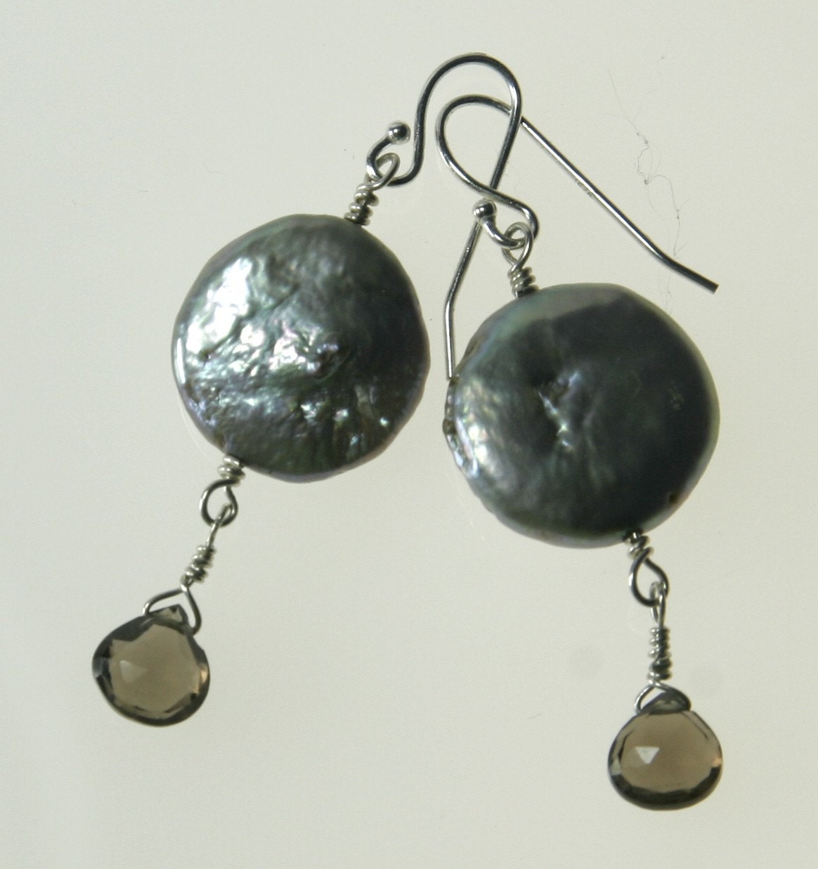 Silver Pearl Earrings Coin Pearl and Brown Smoky Quartz Dangles
