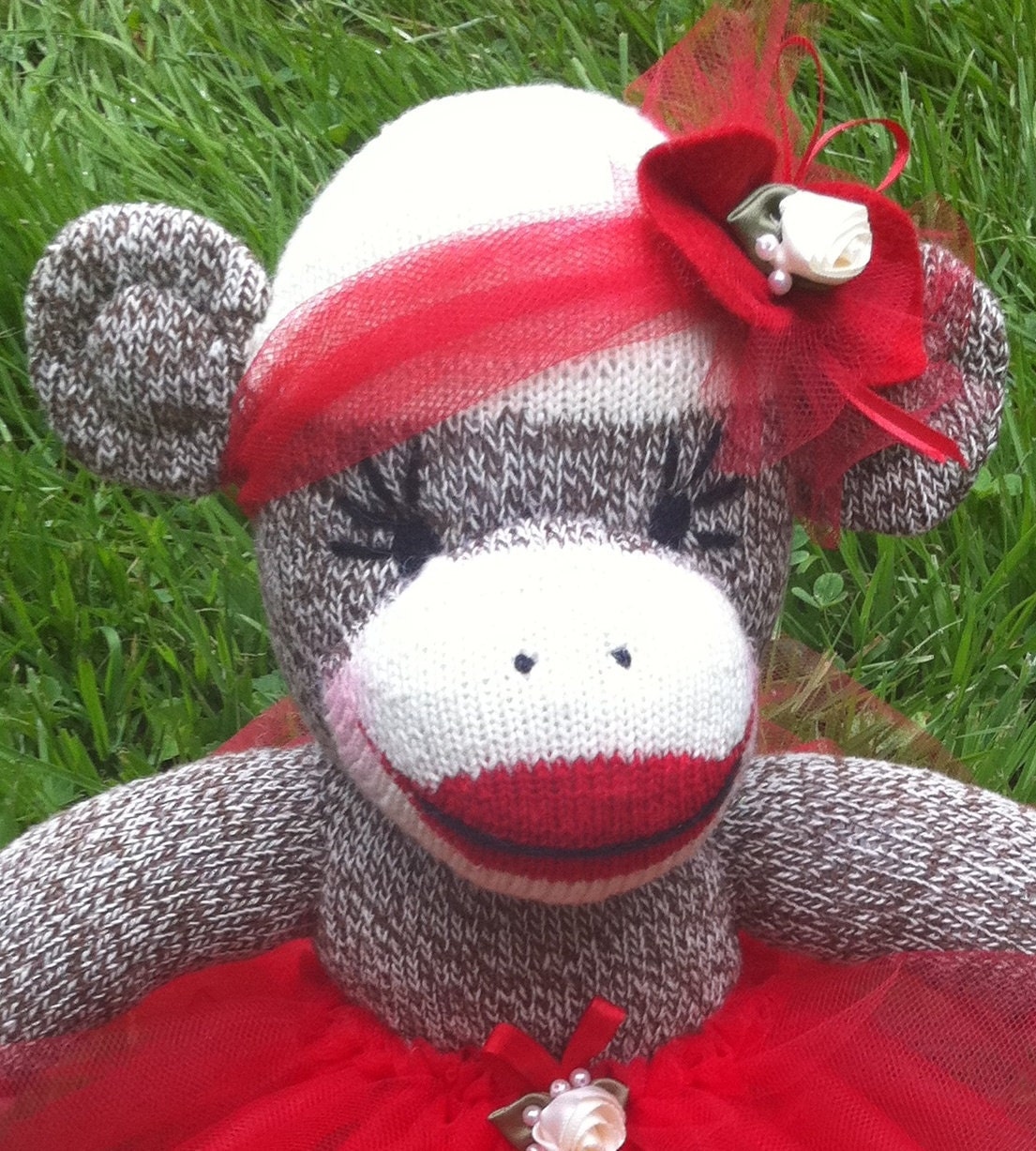 Sock Monkey Doll, Plush Toy in Red Tutu