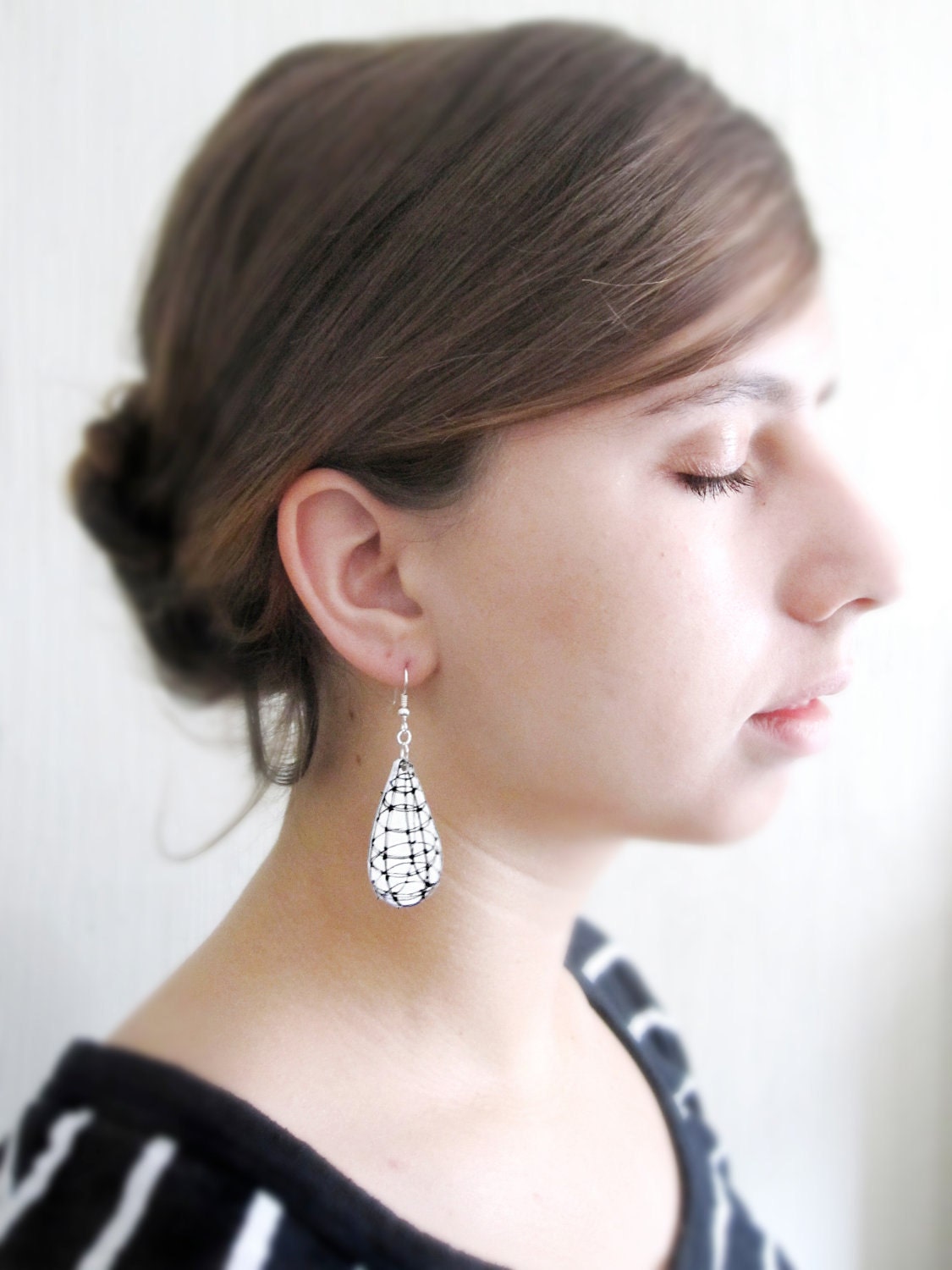 Net Dangle Earrings -  Lightweight Black and White Plastic - Original Nature Drawing