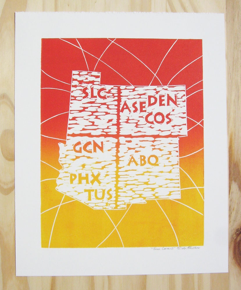 Denver, Phoenix, SLC & New Mexico Map - Linoleum Block Print -  (Orange/Red)