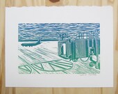 Waiting for Airplane at Airport - Lino Block Print (Blue/Green)