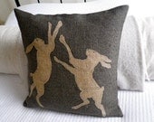 hand printed  charcoal rustic boxing hare cushion cover