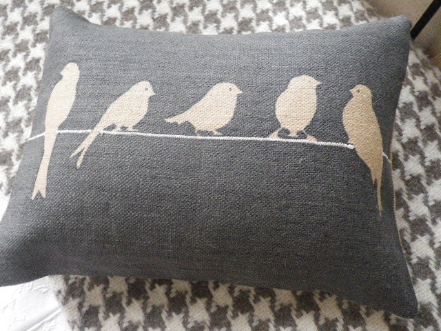 hand printed midnight  blue birds on a wire cushion