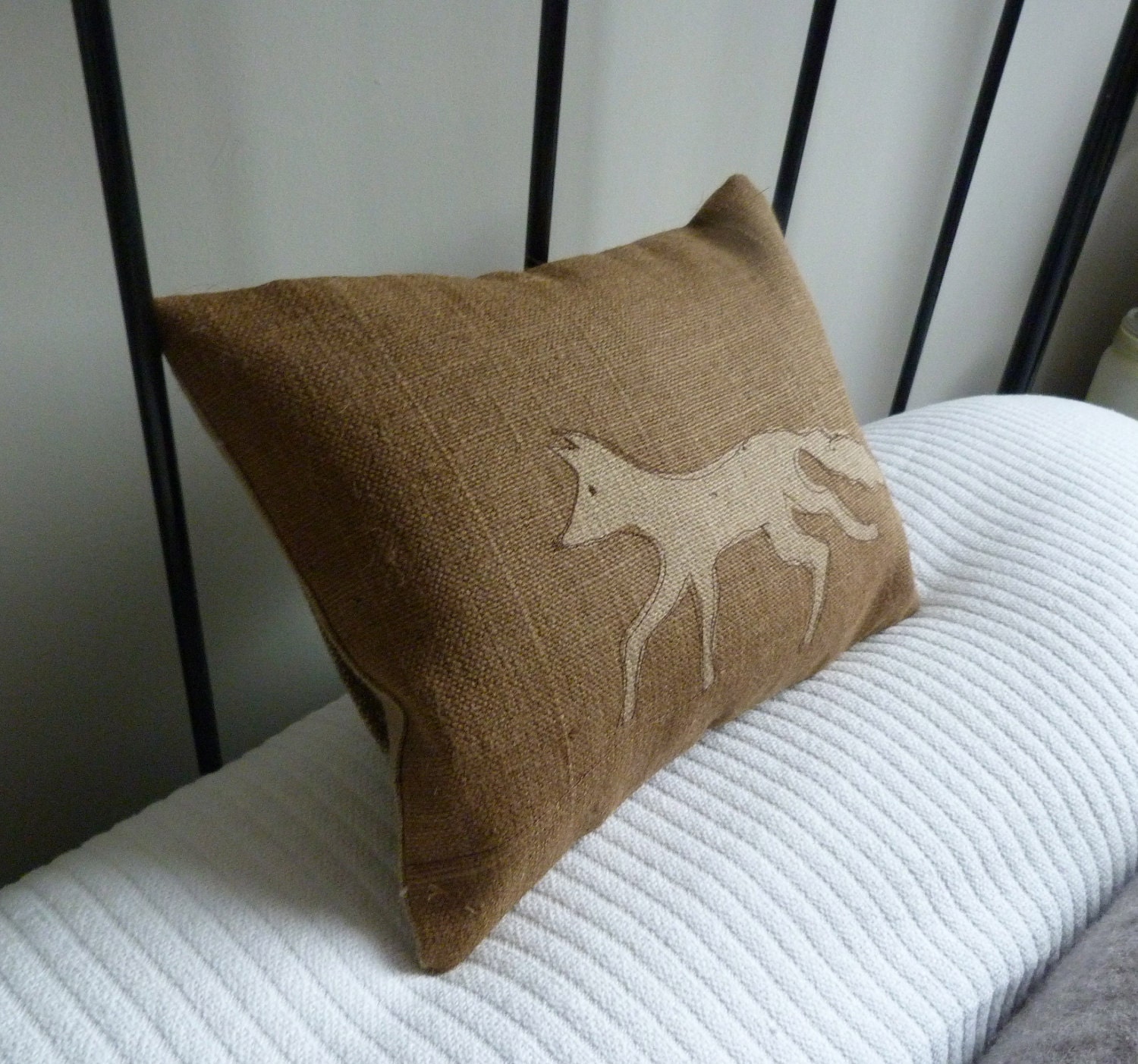 hand printed and stitched little brown rustic  fox cushion