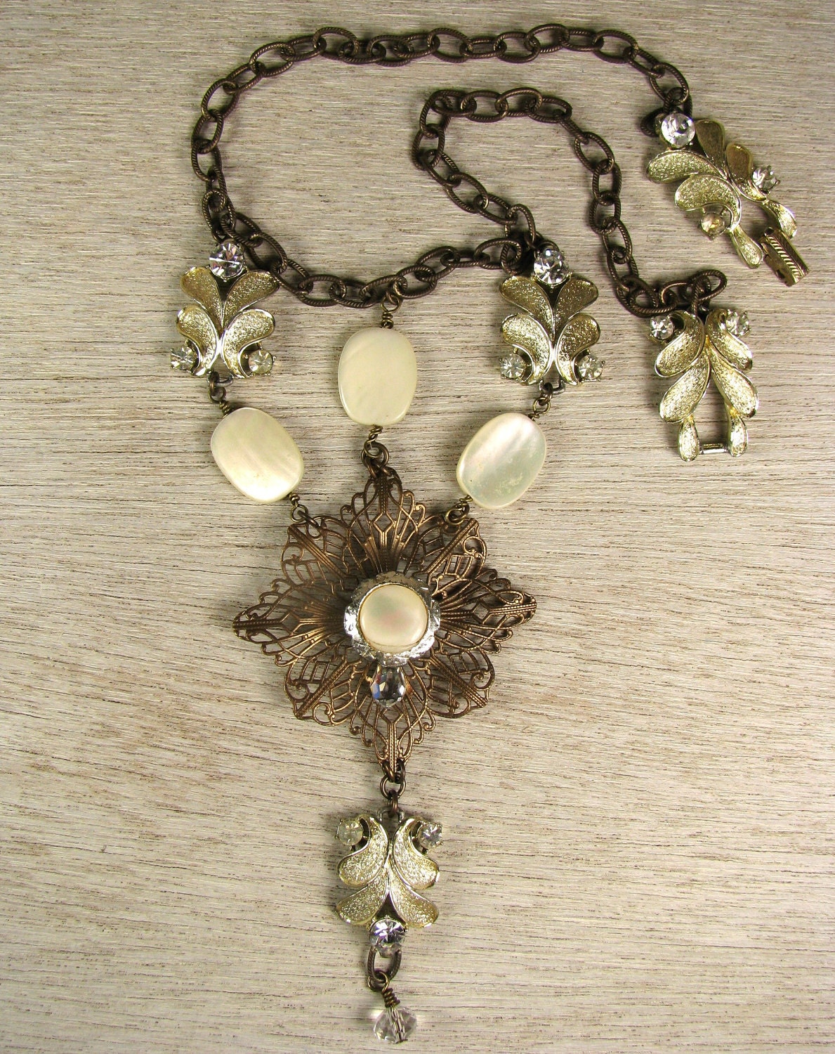 Necklace with Vintage Mother of Pearl and Rhinestones  "Vaikuntha" Featured in Beadtrends December 2012