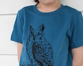 Great Horned Owl Hand Drawn Design on Organic American Apparel Galaxy Blue Tee for Kids
