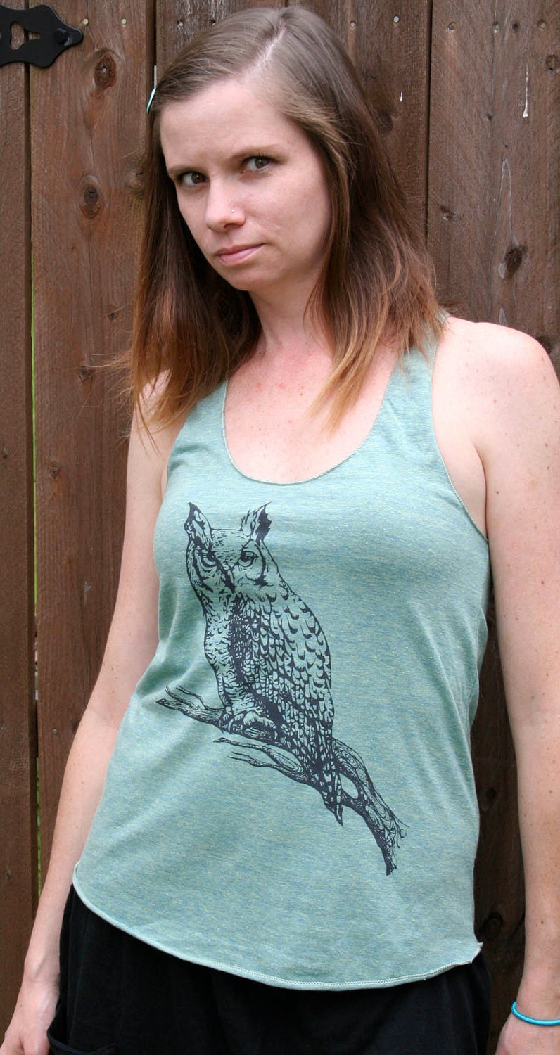 Great Horned Owl Hand Drawn Design on American Apparel Tri-Lemon RacerBack Tank for Women