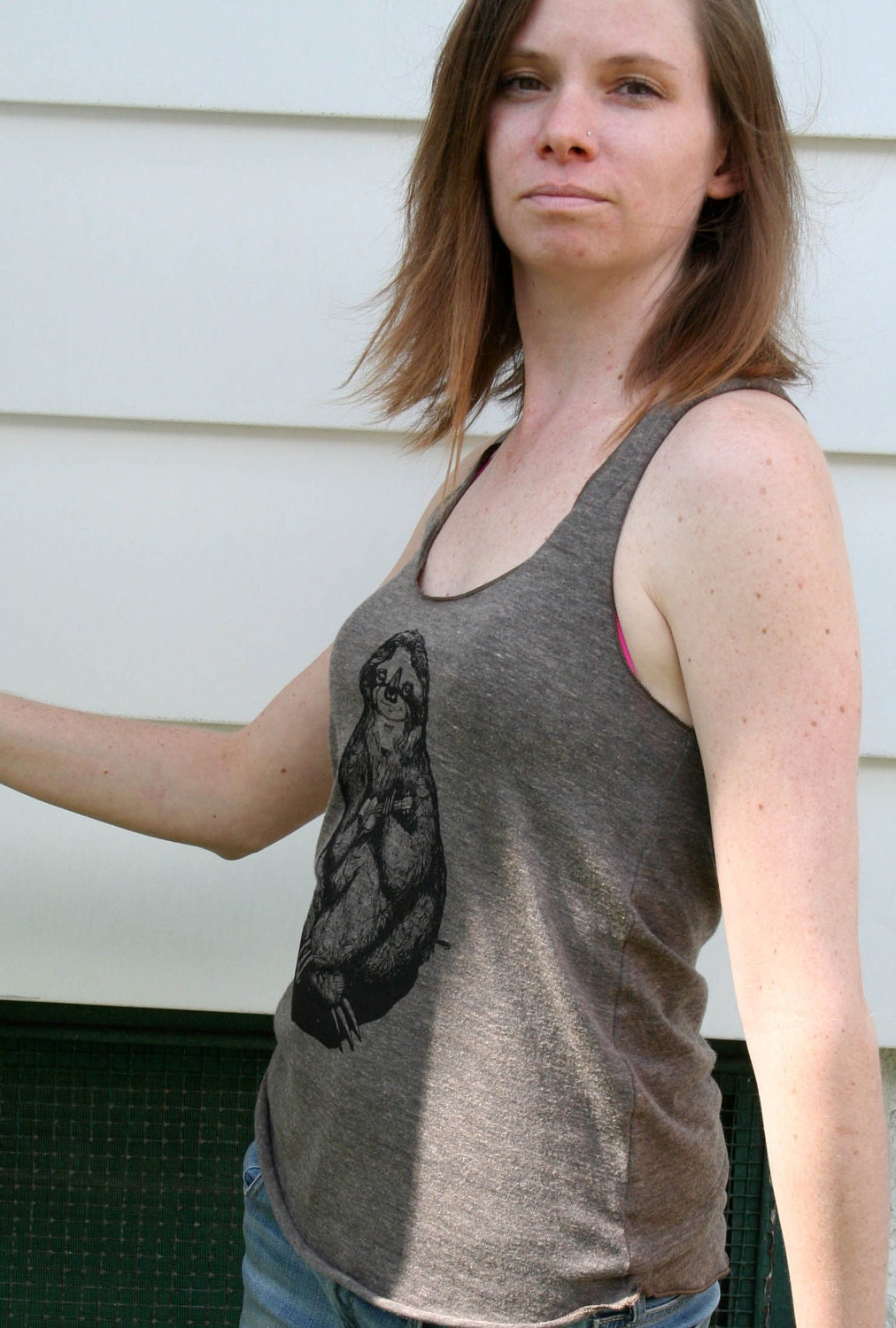 Sloth Playing the Ukulele Hand Drawn Design on American Apparel Tri-Coffee RacerBack Tank  for Women