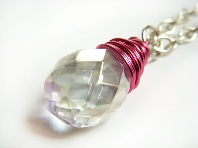 Hot Pink Wire Wrapped Necklace - Clear Crystal Briolette Pendant Necklace - Crystal Drop on Silver Chain - Gifts under 20 dollars