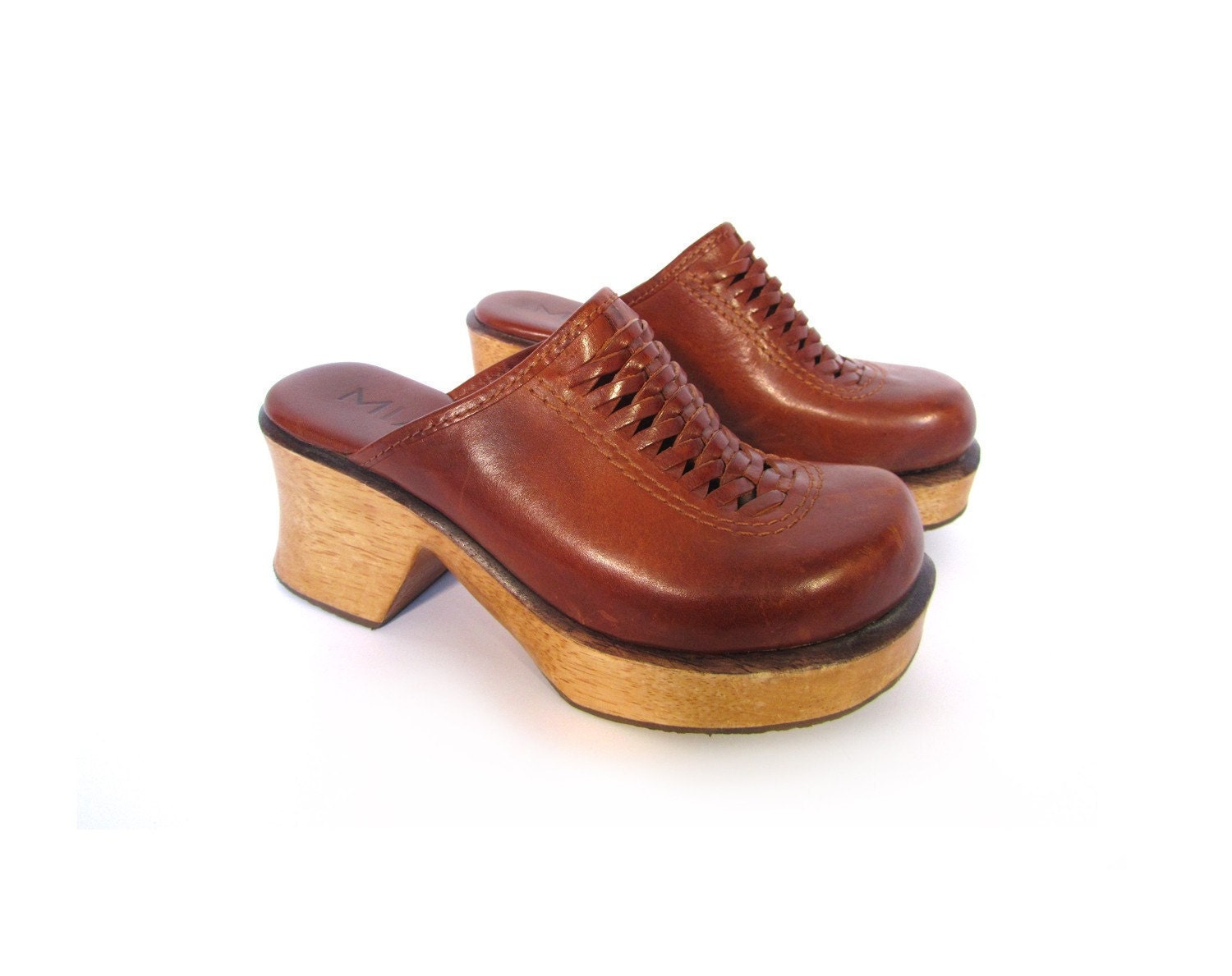 Vintage CHESTNUT Brown Woven Distressed Leather Platform Clogs womens 6