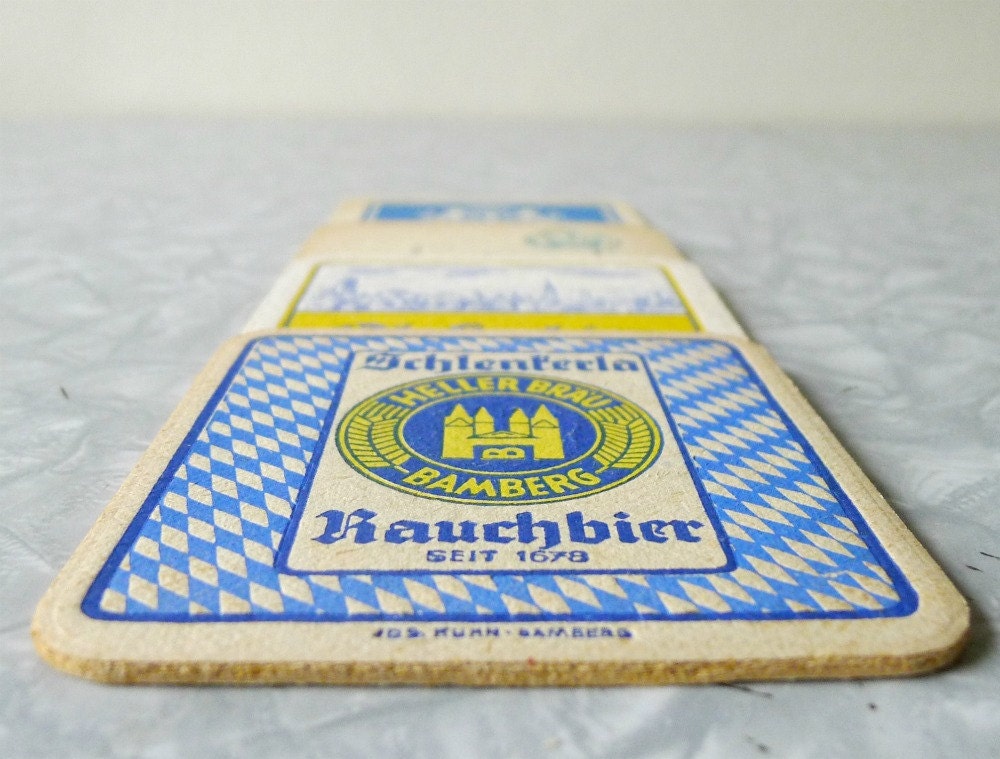 Vintage Beer Coasters, Set of 4 - blue, yellow, paper, barware, cocktail party, retro decor, gift for dad, gift for him, coaster set