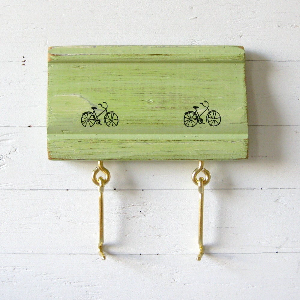 Eco-Friendly Wood Key Rack, Organizer - green, bicycles, salvaged wood, gifts for her - 6" x 3.5" - "RIDER" SERIES A