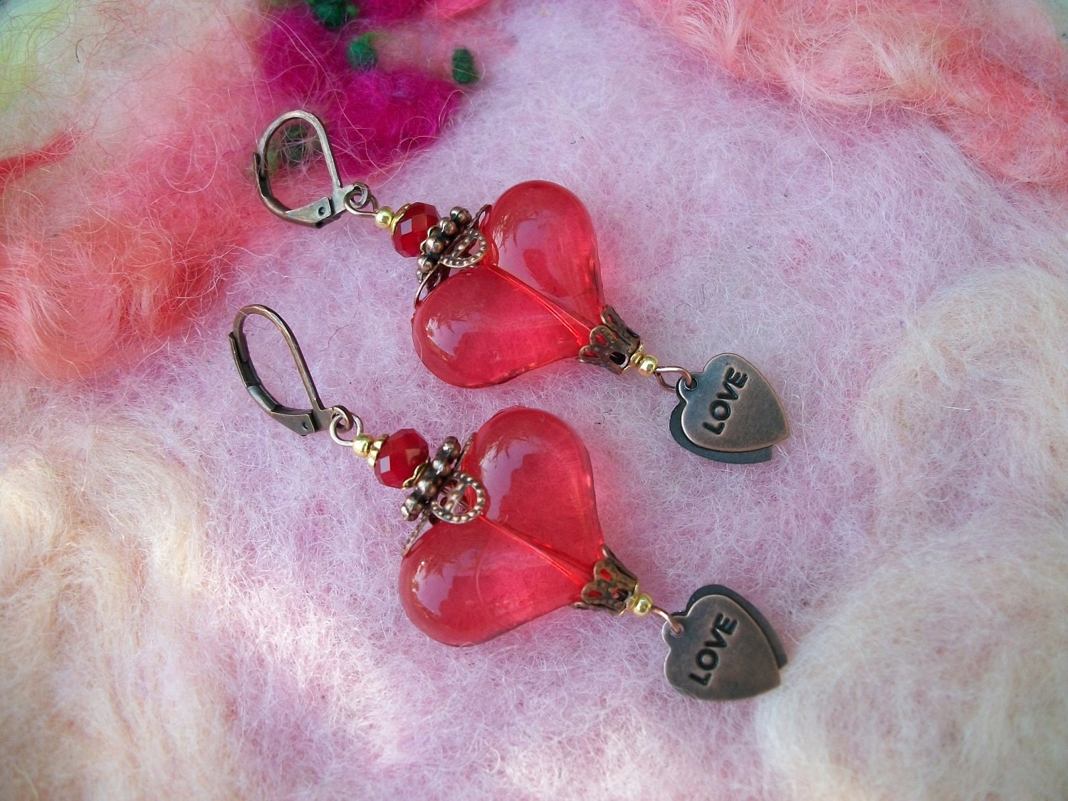 Earrings Victorian Hearts Lucite Beads