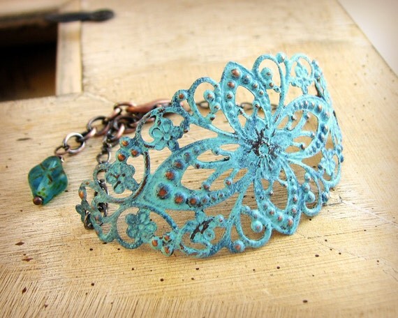 Turquoise Bracelet Large Blue Painted Filigree and Chain B614
