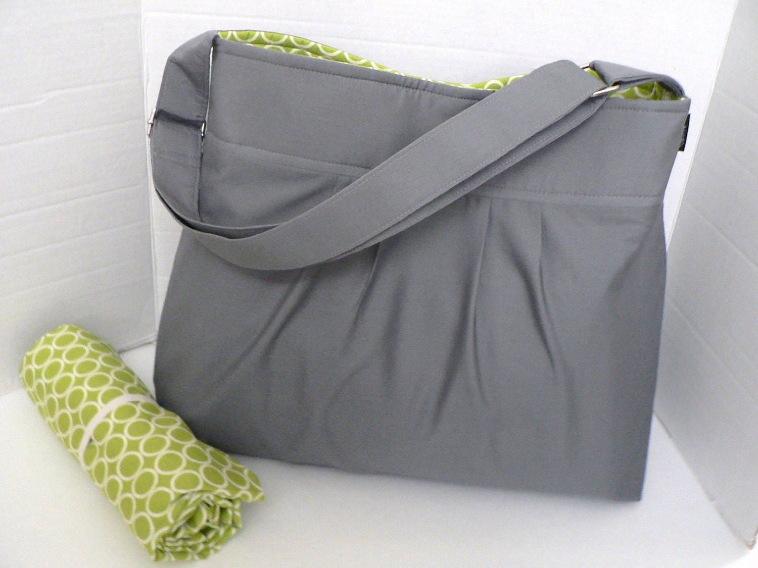 Monterey Large Diaper Bag Set - In Grey and Lime Circles - With Adjustable Strap and Changing Pad