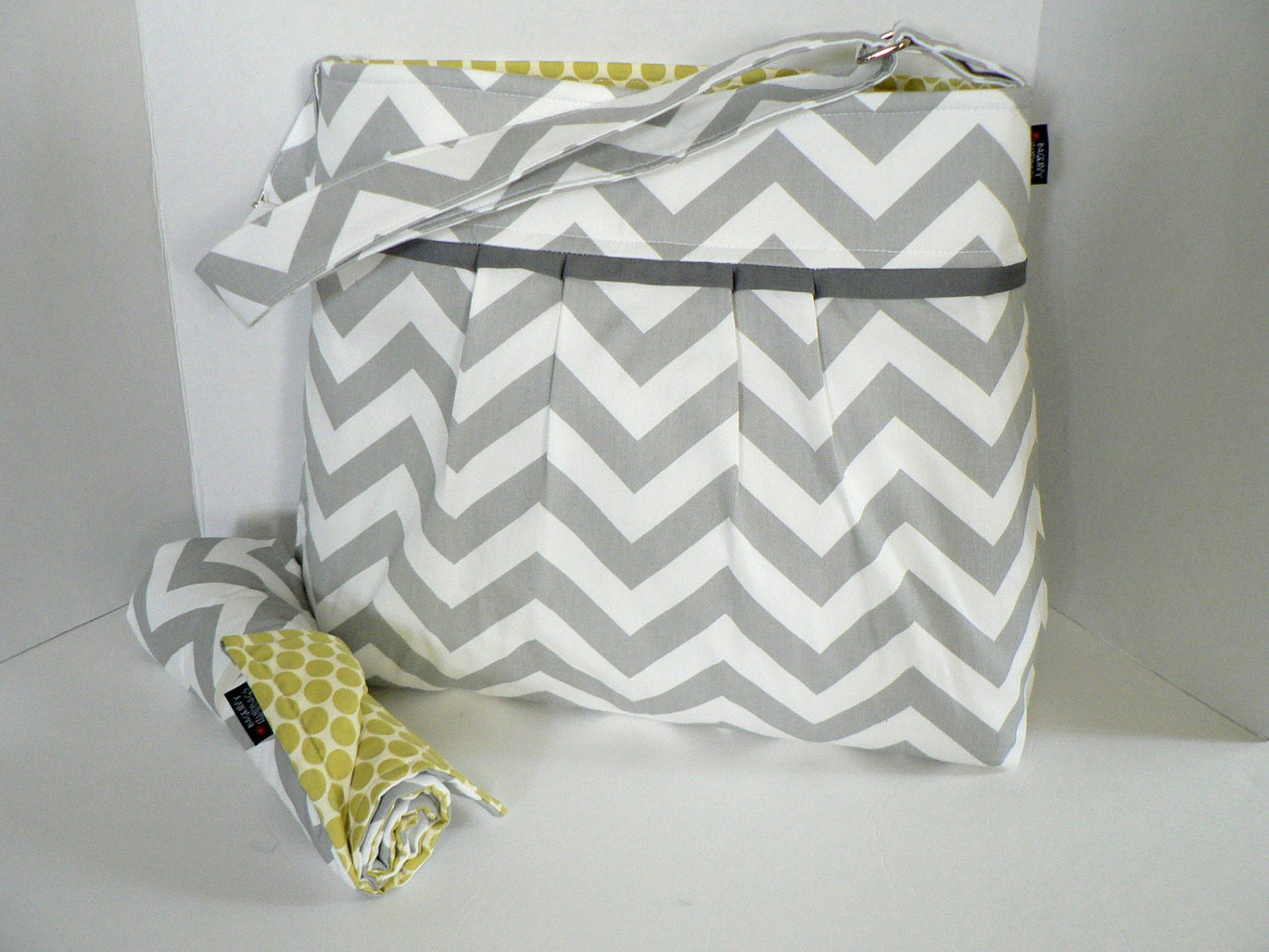 Monterey Bag  Diaper Bag Set - Large - In Grey Chevron And Lime Dot - Adjustable Strap and Elastic Pockets