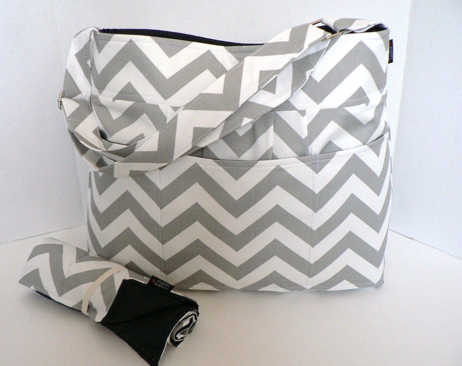 Monterey Diaper Bag Set - Grey Chevron Your Choice Of Lining Color - Large 9 Pockets