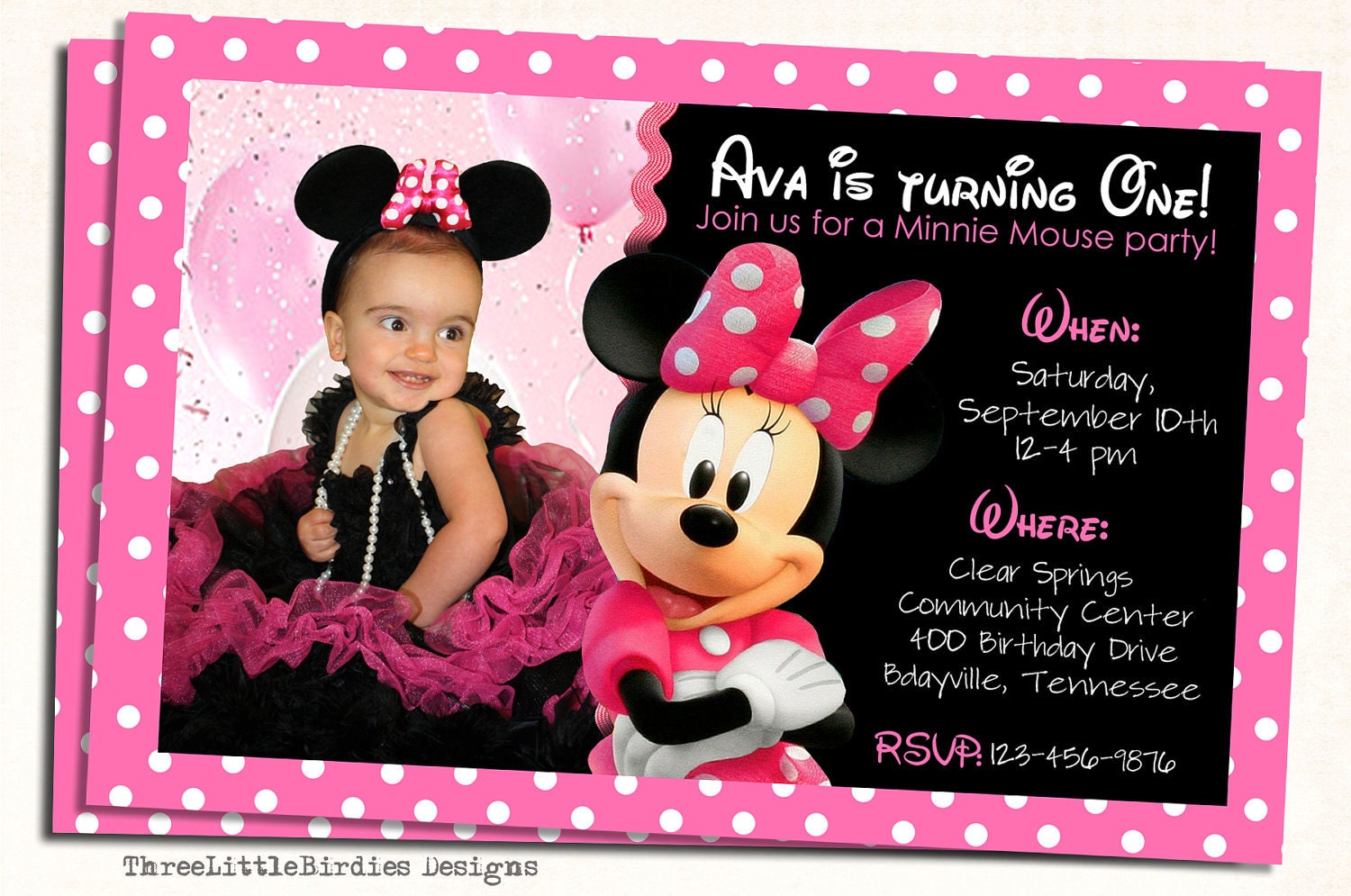 SALE--Minnie Mouse Birthday Invitation