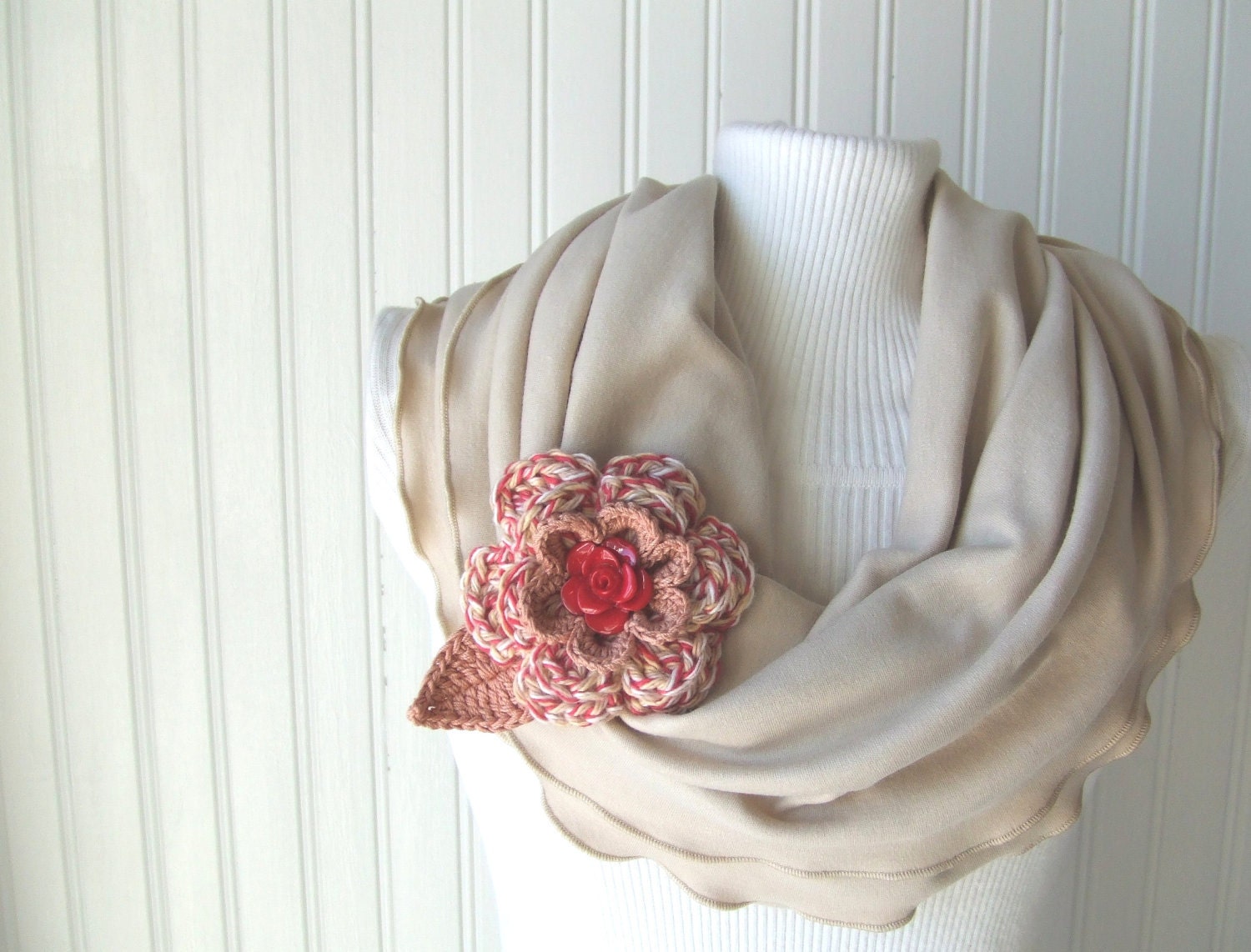 Fawn Beige Ruffled Infinity Scarf with Flower Brooch.....New