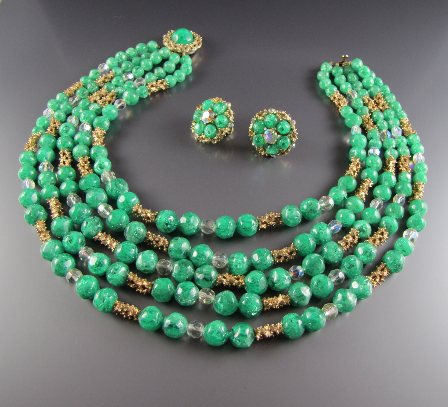 Reserved for Seavill123 1960's Vendome Crystal Textured Bead Necklace Earring Set