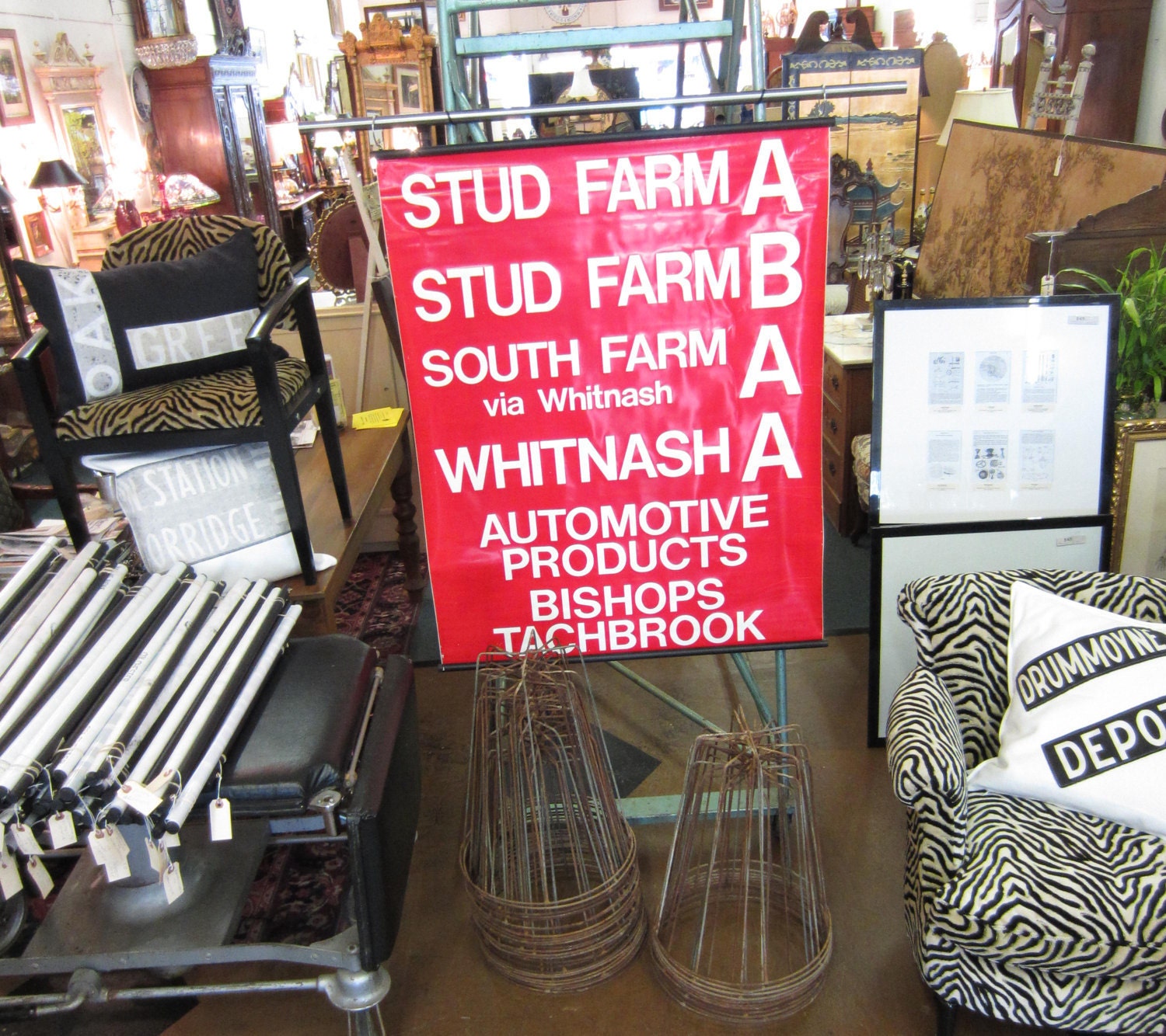 vintage british route sign. stud farm A to bishops tachbrook.
