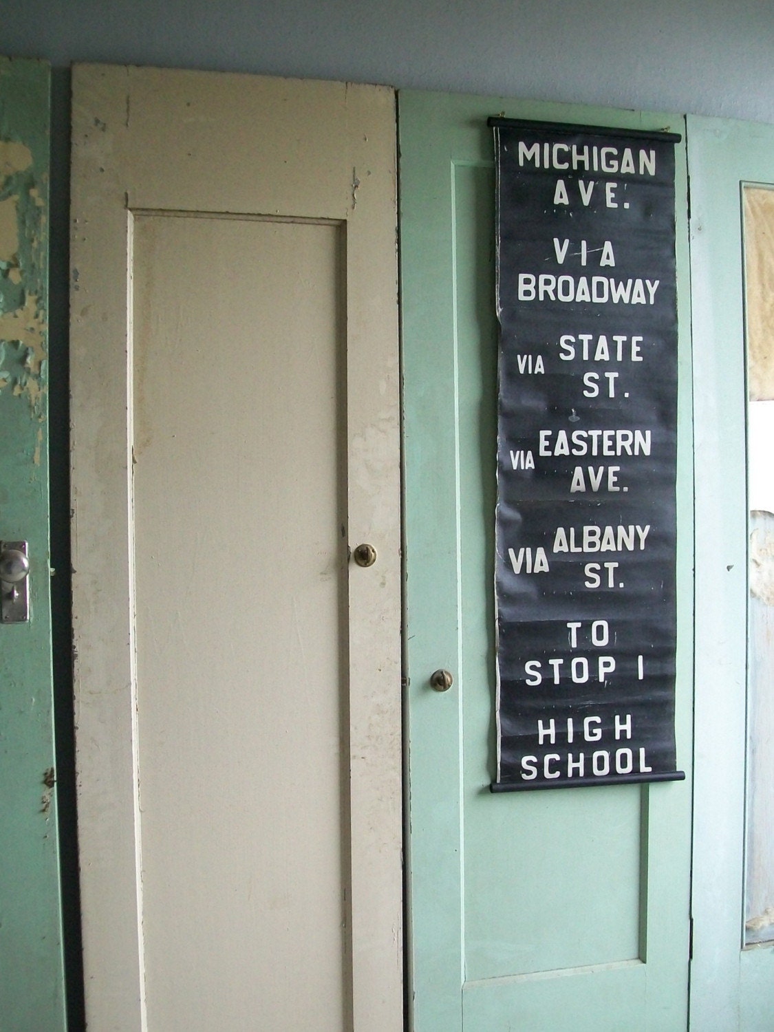 Vintage US Bus Roll from Michigan. Michigan Ave, Via Broadway, Via State St, Via Eastern Ave, Via Albany St, To Stop 1 and High School.