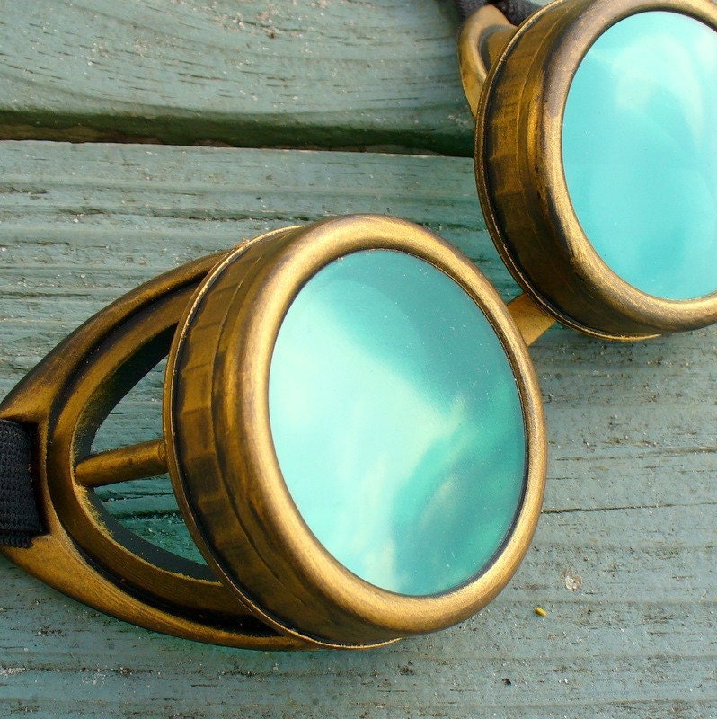 Steampunk Victorian Aviator GOGGLES glasses  Time Travel Crazy Scientist's Oculo-Vision Tool---D gold green - oldjunkyardboutique